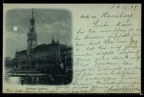 Mondschein-AK Hamburg, Rathaus im Vollmondlicht