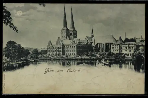 Mondschein-AK Lübeck, Ortsansicht im Vollmondlicht
