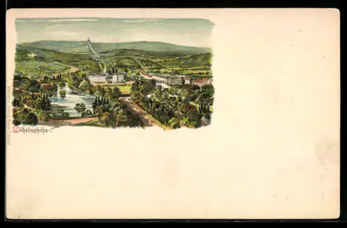 Lithographie Wilhelmshöhe, Schloss mit Park