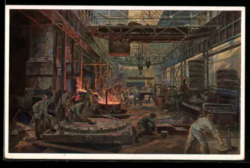 Künstler-AK Troisdorf bei Köln, Klöckner-Werke, Mannstaedt Werke, Maschinenfabrik und Giesserei, Blick in die Giesserei