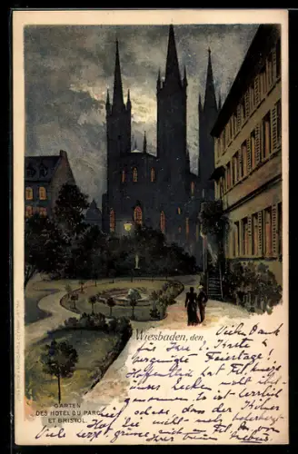 Lithographie Wiesbaden, Marktkirche, Garten des Hôtel du Parc et Bristol