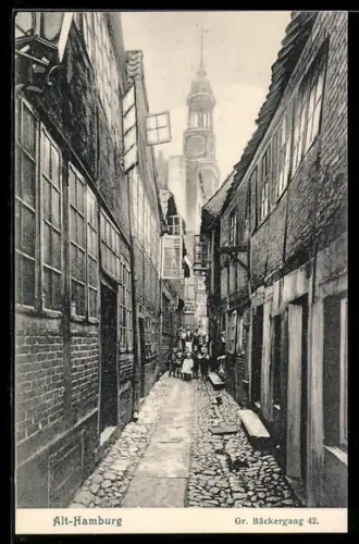 AK Alt-Hamburg, Gr. Bäckergang 42, Strassenszene mit Kirchturm