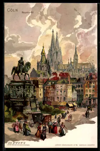 Lithographie Köln, Heumarkt, Reiterdenkmal, Dom