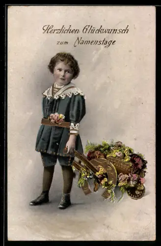 AK Kind mit einem Karren voller Blumen, Namenstagsgruss