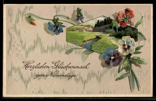AK Idyllische Partie in der Natur mit Blumen im Passepartout, Namenstagsgruss