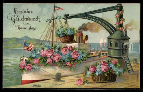 AK Mit Rosen und Vergissmeinnicht beladenes Schiff, Namenstagsgruss