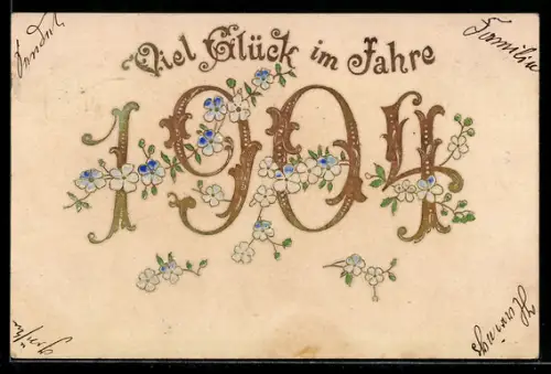 AK Goldene Jahreszahl mit Blumenschmuck, Neujahrsgruss