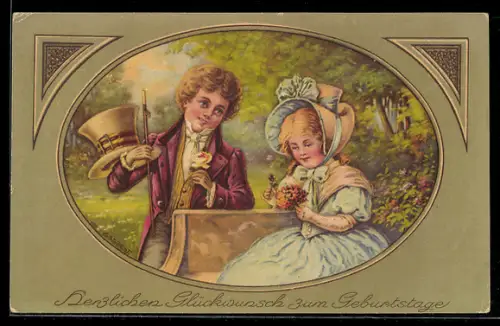 Künstler-AK E. Student: Junges Liebespaar mit Blumen, Geburtstagsgruss