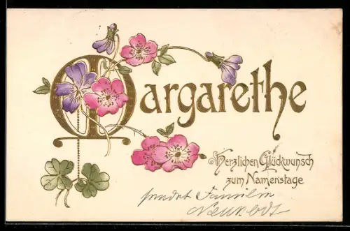 AK Margarethe, Herzlichen Glückwunsch zum Namenstage, Karte m. Golddruck