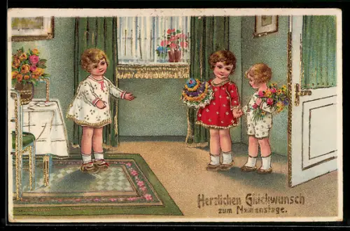 AK Kinder überbringen Blumen und Geschenke, Namenstagsgruss