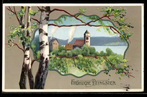 AK Pfingstgruss - Junge Birken rahmen die Ansicht einer Ortschaft