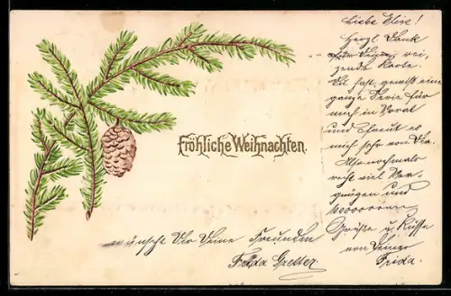 Präge-AK Zweig mit Tannenzapfen, Weihnachtsgruss