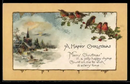 AK Verschneite Ortspartie mit Kirche, Weihnachtsgruss