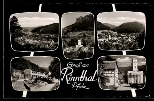 AK Rinnthal /Pfalz, Ortsansicht, Kirche, Gasthaus, Felsen