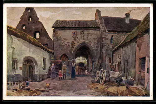 Künstler-AK sign. Aug. Croissant: Altleiningen /Bad Dürkheim, Kloster Höningen, Toranlage, ländliches Leben