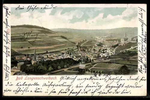 Lithographie Bad Langenschwalbach, Panoramaansicht des Ortes mit Kirche und umliegender Landschaft