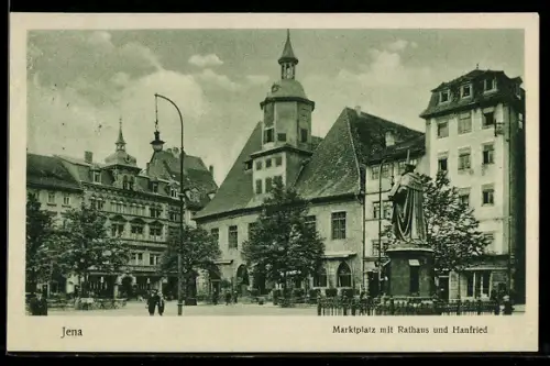 AK Jena, Marktplatz mit Rathaus und Hanfried