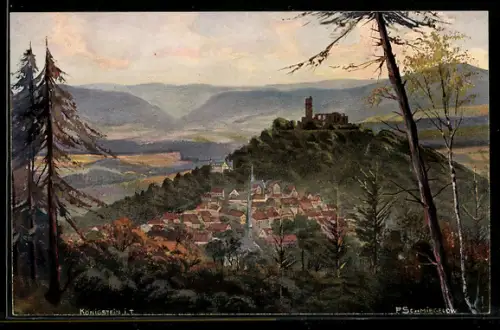 Künstler-AK Königstein i. T., Teilansicht mit Ruine