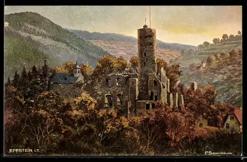 Künstler-AK Eppstein i. T., Panorama mit Ruine