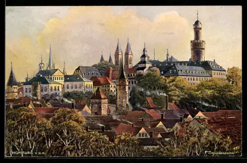 Künstler-AK sign. P. Schmiegelow: Bad Homburg v. d. H., Schloss, Stadtkirche, Blick über die Stadt