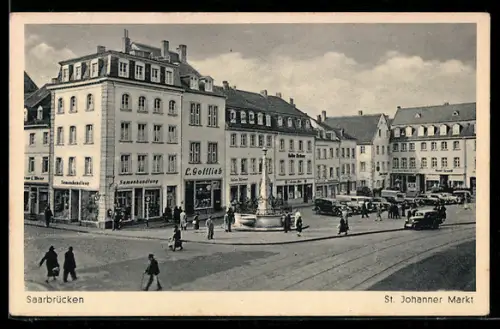 AK Saarbrücken-St. Johann, Markt mit Geschäften