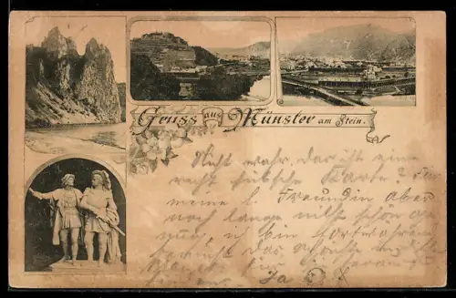 AK Münster am Stein, Panorama, Ruine, Statue