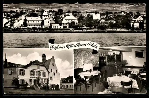 AK Mittelheim /Rhein, Gasthaus u. Metzgerei Wilhelm Berg mit Innenansicht