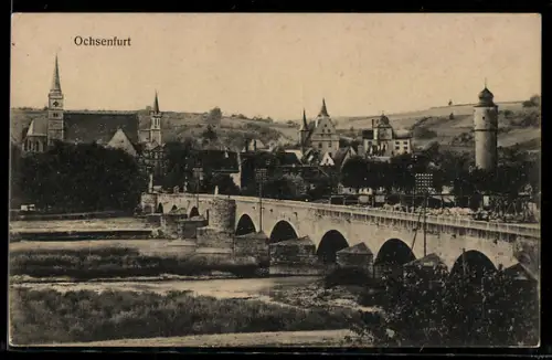 AK Ochsenfurt a. Main, Sicht auf die Mainbrücke aus der Vogelschau