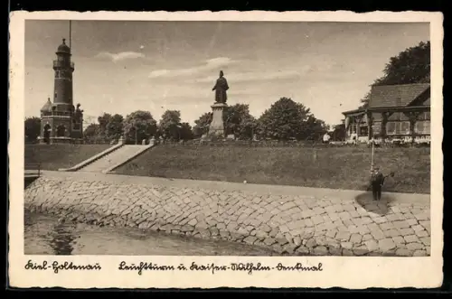 AK Kiel, Leuchtturm, Kaiser-Wilhelm-Denkmal, Uferpromenade