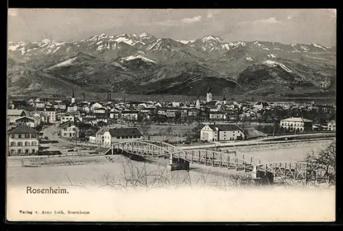 AK Rosenheim, Stadtansicht mit Brücke und Alpenpanorama