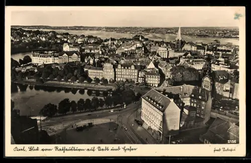 AK Kiel, Blick vom Rathausturm auf Stadt und Hafen