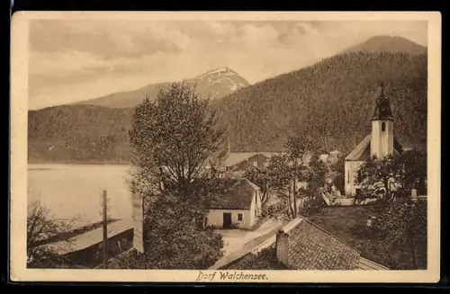 AK Walchensee, Dorfansicht, Kirche, See, Berge