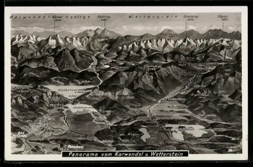 AK Kochel, Panorama vom Karwendel- und Wettersteingebirge
