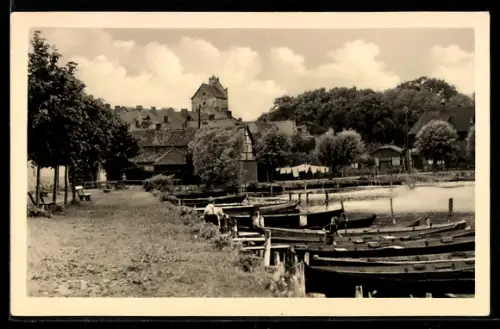 AK Lychen /UM., Malerwinkel am Oberpfuhlsee, Boote, Fachwerkhaus, Uferweg