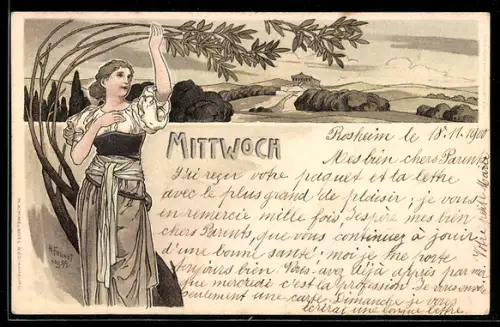 Künstler-AK H. Fründt: Allegorie Mittwoch, Frau vor einem Baum, Landschaft