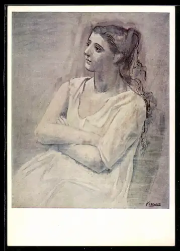 Künstler-AK sign. Picasso: Frau in Weiss, mit verschränkten Armen