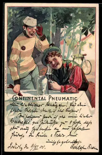 Lithographie Reklame für Continental Pneumatic, Fahrrad und Gäste an einer Gastwirtschaft