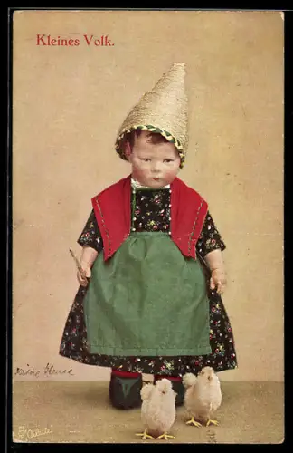 AK Käthe Kruse-Puppe mit Hühnerküken