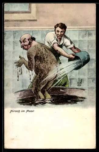 AK Hirsch im Moor, Jude im Moorbad, Karikatur