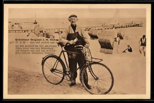AK Grömitz, Grömitzer Original J. H. Hahn mit Glocke und Fahrrad am Strand, Strandkörbe
