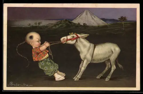 Künstler-AK E.Colombo: China, Chinesenjunge zieht an einem Esel