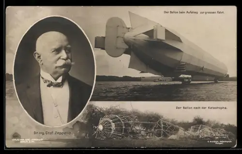 AK Echterdingen, Portrait Dr. ing. Graf Zeppelin, Luftschiff beim Aufstieg zur grossen Fahrt, Luftschiff-Katastrophe
