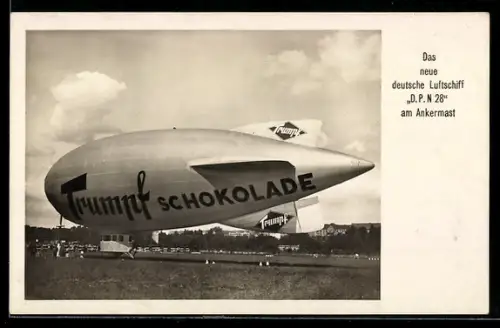AK Zeppelin DPN 28 am Ankermast, Reklame für Trumpf Schokolade