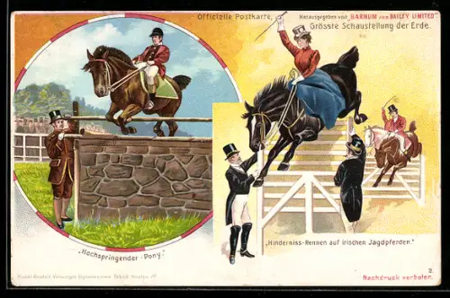 AK Zirkus Barnum and Bailey Limited, Hindernis-Rennen auf irischen Jagdpferden, Pony überwindet ein Hindernis