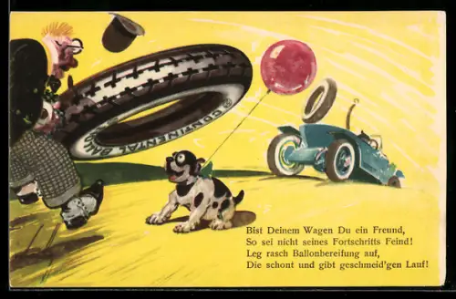 AK Reklame für Continental Autoreifen aus Hannover, Hund auf der Strasse