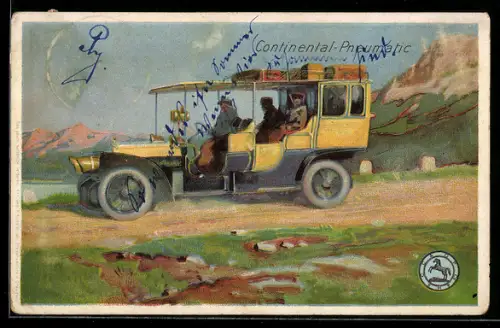 Künstler-AK Reklame Continental-Pneumatic, Auto mit Chauffeur und Gepäck