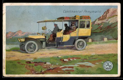 Künstler-AK Reklame Continental-Pneumatic, Auto mit Chauffeur und Gepäck