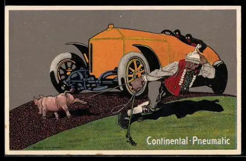 AK Mann zieht das Schwein vom Auto weg, Reklame für Continental-Pneumatic