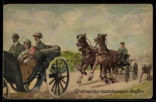 AK Reklame für Continental-Kutschwagen-Reifen, Pferdekutschen, Hund