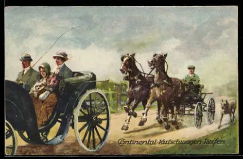 AK Reklame für Continental-Kutschwagen-Reifen, Pferdekutschen, Hund